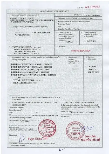 FruitBuys Vietnam Certificate CERTIFICATE OF ORIGIN  Belgium