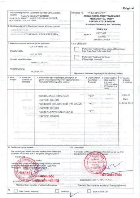 FruitBuys Vietnam CertificateCERTIFICATE OF ORIGIN  Korea