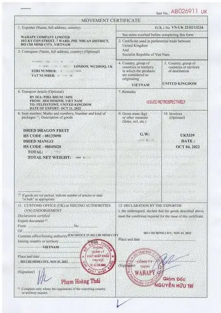 FruitBuys Vietnam CertificateCERTIFICATE OF ORIGIN  UK