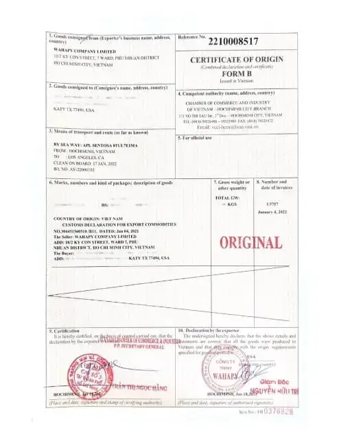 FruitBuys Vietnam CertificateCERTIFICATE OF ORIGIN  USA