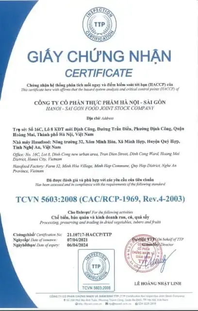 FruitBuys Vietnam CertificateHACCP