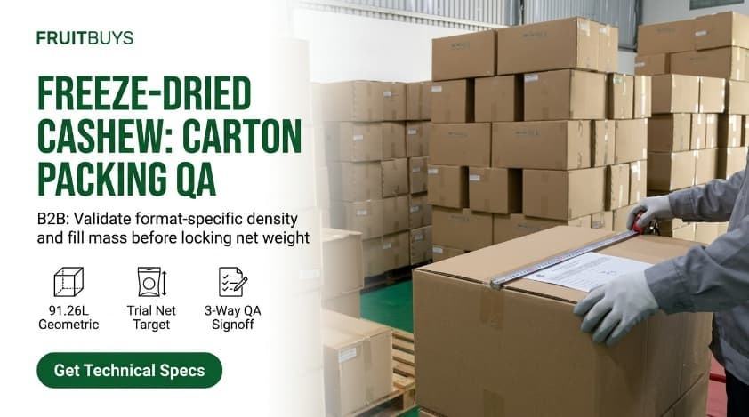 Freeze-Dried Cashew Bulk Density and Carton Packing: How to Qualify Net Weight Without Guessing b2b hero banner for freeze dried cashew carton packaging bulk density and net weight qualification.