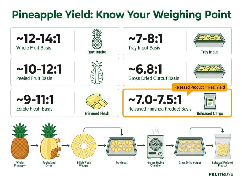b2b infographic comparing 6 pineapple freeze drying conversion ratio weighing points from raw fruit to released product