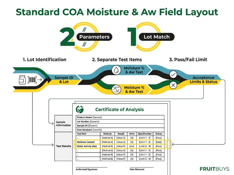 b2b infographic schematic showing standard coa layout for moisture and water activity testing