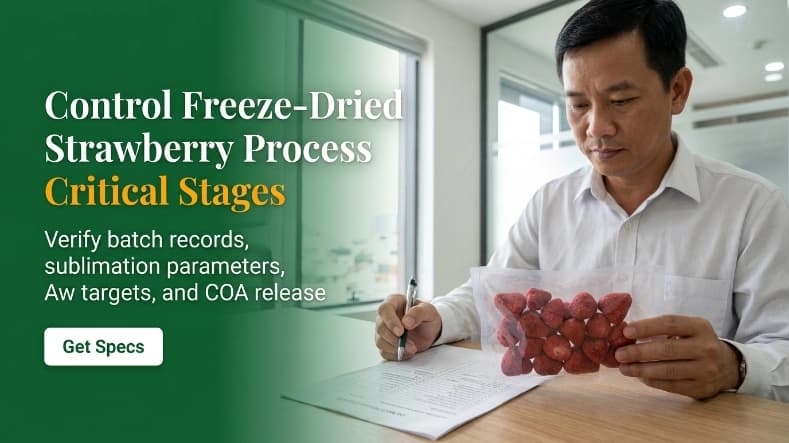 Freeze-Dried Strawberry Process: From Fresh Fruit to Export-Ready Product b2b photographic banner showing qa process record verification for freeze dried strawberry supplier qualification