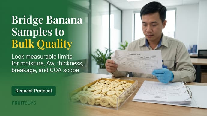 b2b sample to bulk review for freeze dried banana showing reference sample tray and specification binder