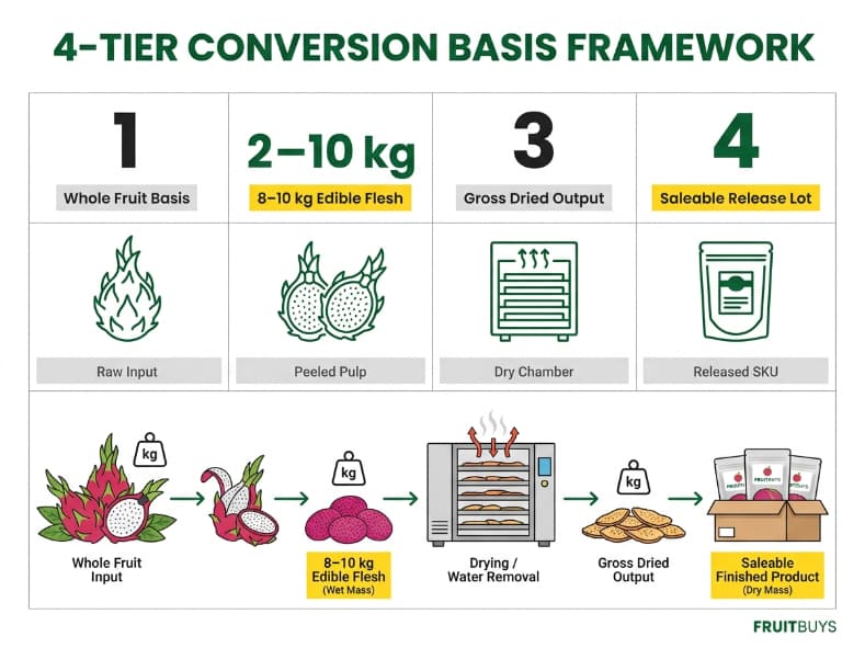 b2b technical grid infographic defining the mass balance equation for freeze dried dragon fruit wholesale