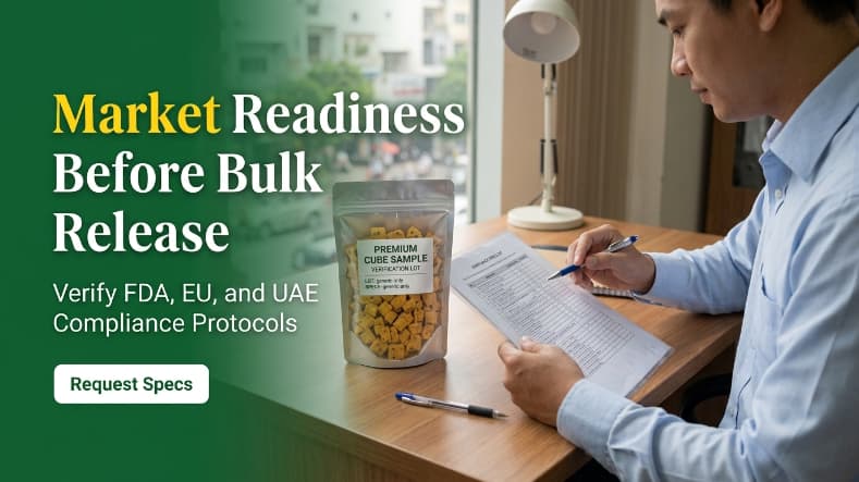 b2b trade compliance specialist reviewing export readiness documents and sealed freeze dried fruit sample in ho chi minh city office