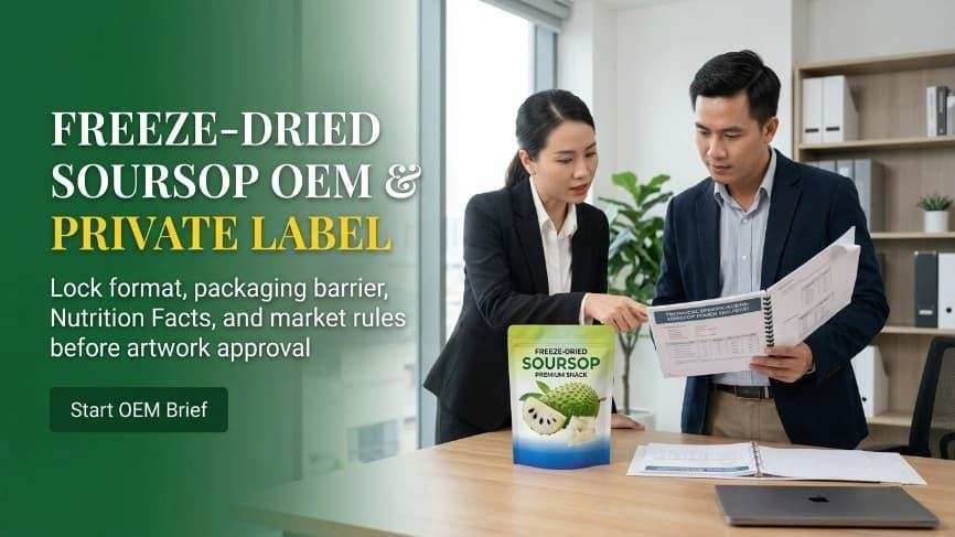 brand manager and qa reviewer verifying freeze dried soursop private label packaging artwork and product specs in office