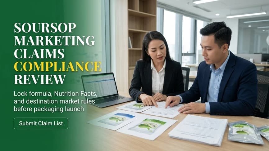 brand manager and qa reviewer verifying freeze dried soursop retail packaging claims compliance in office