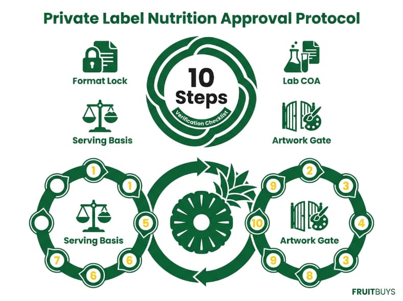 circular flow infographic outlining 10 step protocol for freeze dried pineapple nutrition facts approval