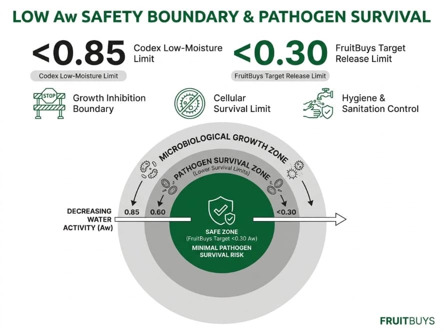 Freeze-Dried Soursop Moisture vs Water Activity circular proof diagram explaining low water activity aw growth inhibition boundaries and pathogen survival limits