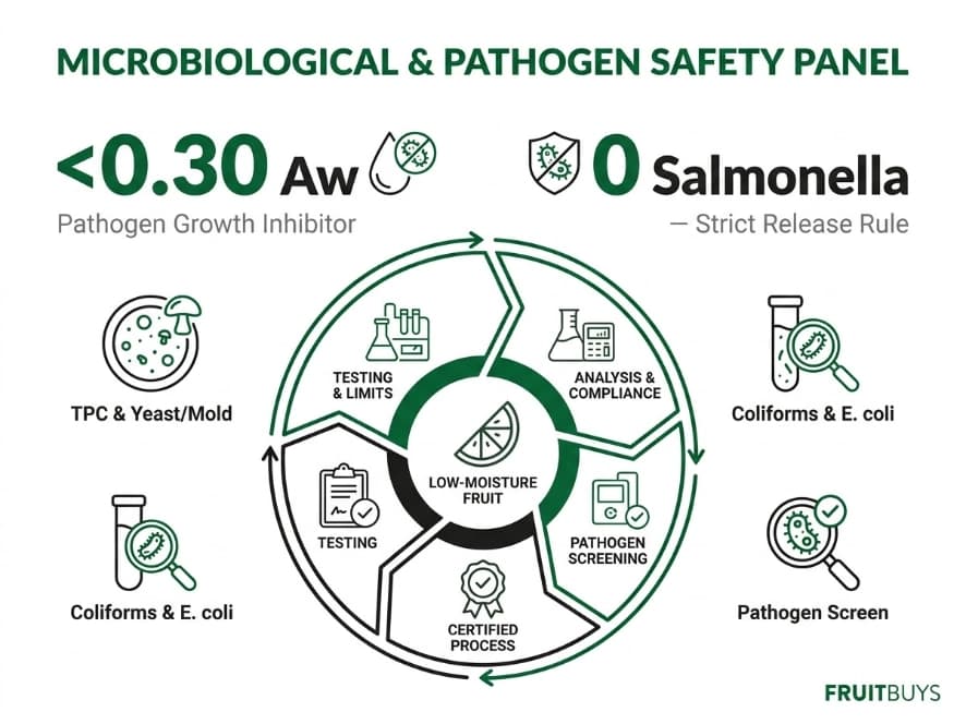 Freeze-Dried Soursop COA, Microbiology and Laboratory Testing circular proof diagram outlining microbiological testing panel and pathogen limits for freeze dried soursop