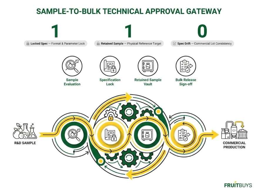 circular proof diagram showing the sample to bulk technical approval process for freeze dried soursop