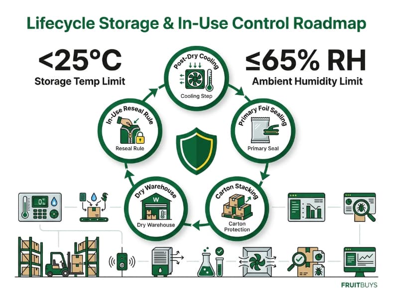 circular proof system infographic displaying five storage and handling checkpoints for freeze dried fruit