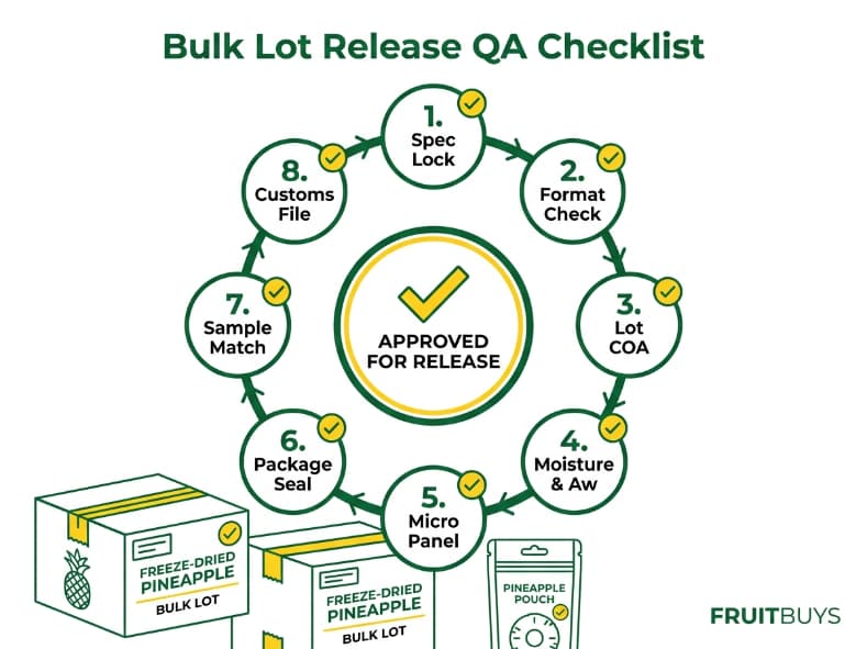 circular workflow infographic displaying eight step quality assurance checklist for bulk freeze dried pineapple release