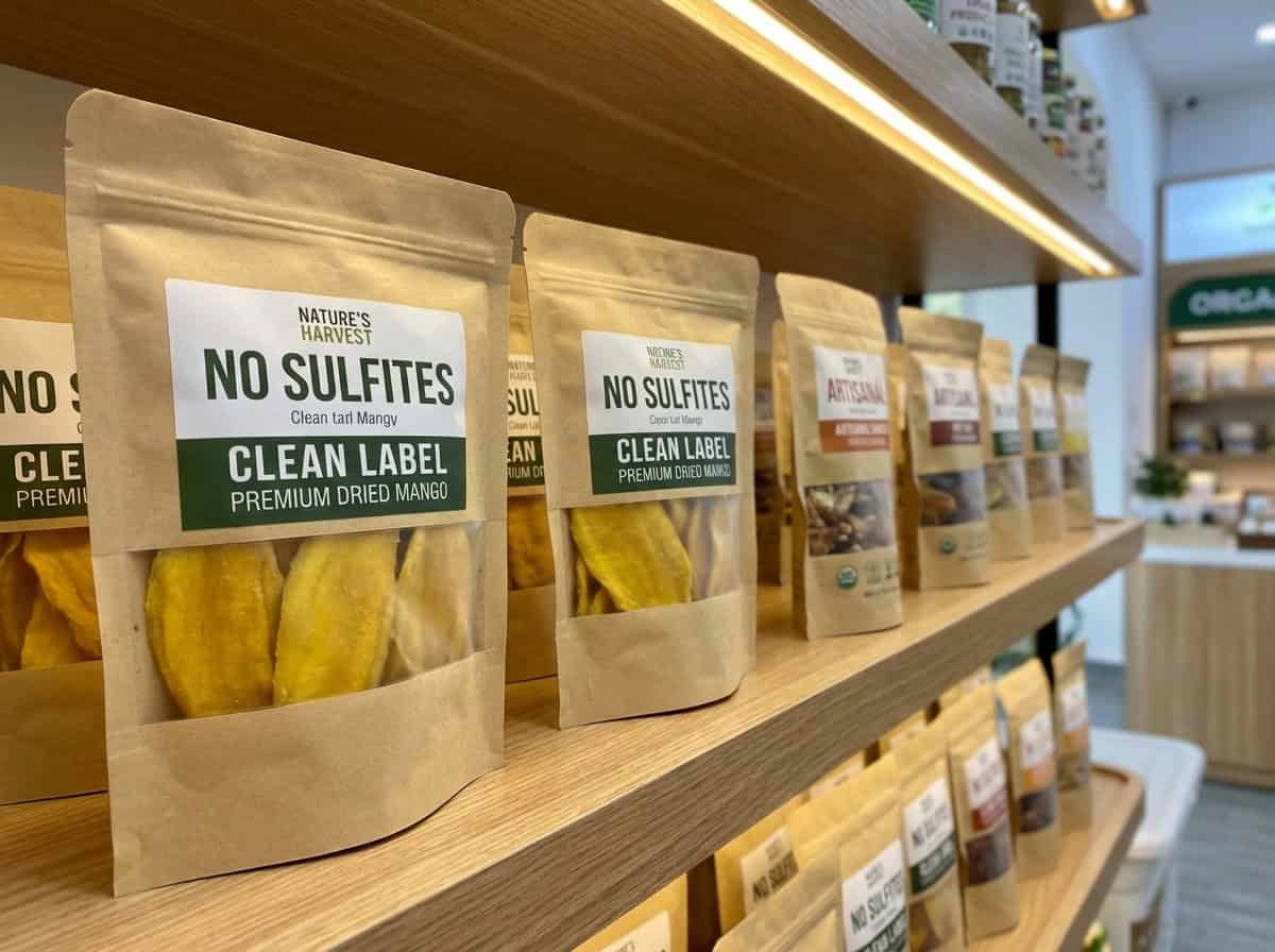 Clean Label Dried Mango Packaging Displayed On A High End Organic Retail Shelf