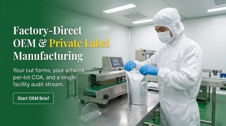 cleanroom packaging inspector verifying seal integrity on private label freeze dried fruit pouch in factory