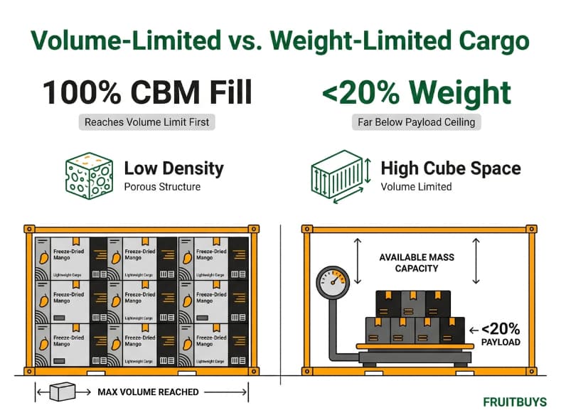 comparison infographic illustrating volume limited cargo characteristics of lightweight freeze dried mango in container shipping