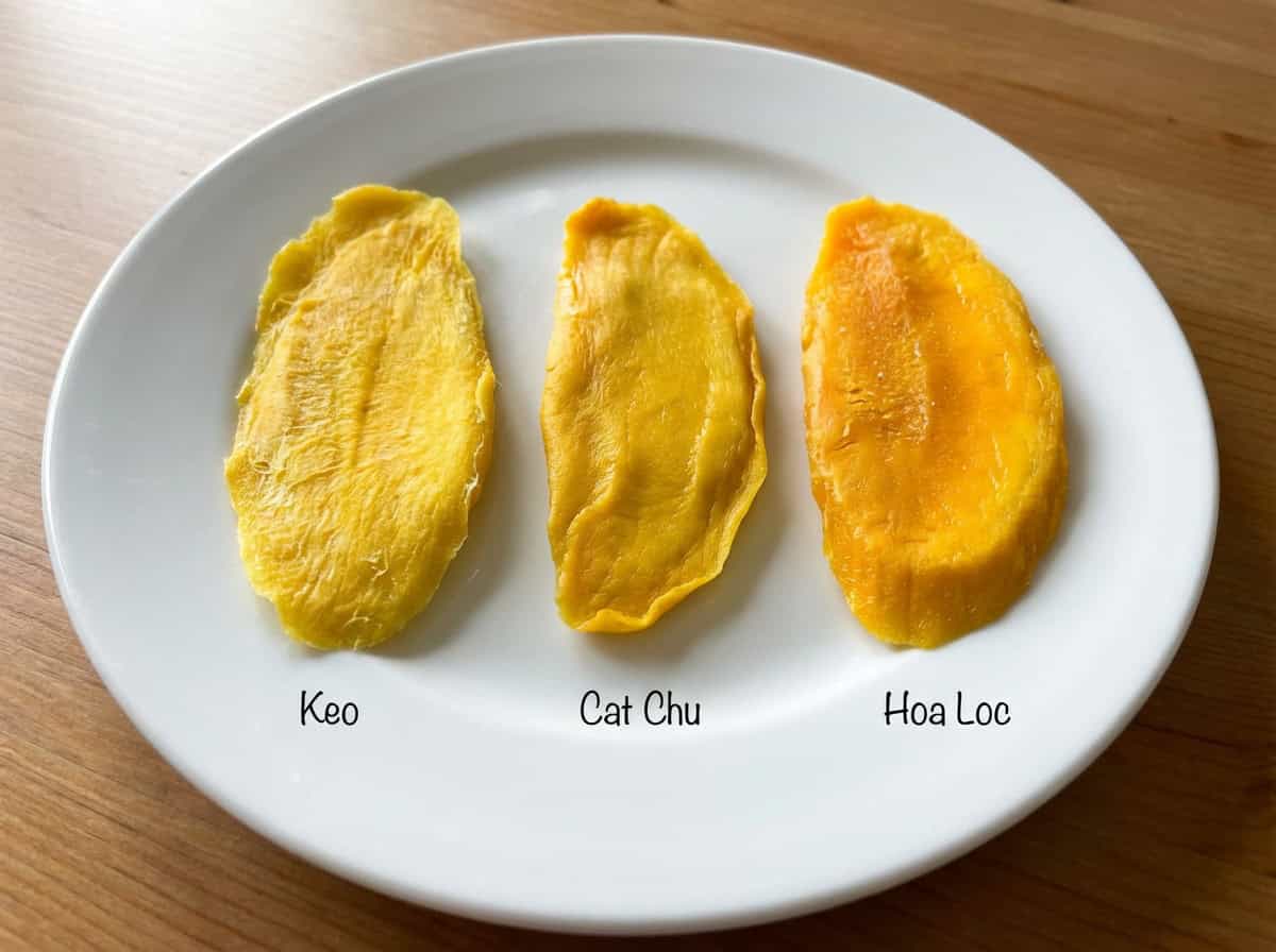 Comparison Of Keo Cat Chu And Hoa Loc Dried Mango Slices Showing Texture And Color Differences