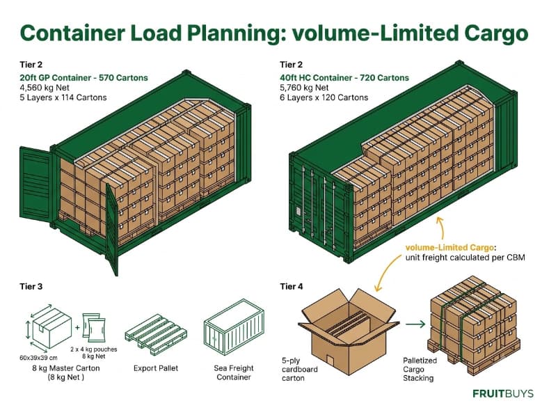 Freeze-Dried Lotus Seeds: What Import Buyers Must Verify Before Ordering container load plan infographic showing 20ft and 40ft hc capacities for 8kg freeze dried lotus seed cartons.