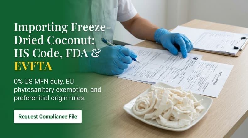 customs compliance specialist reviewing freeze dried coconut import documentation and physical lot sample