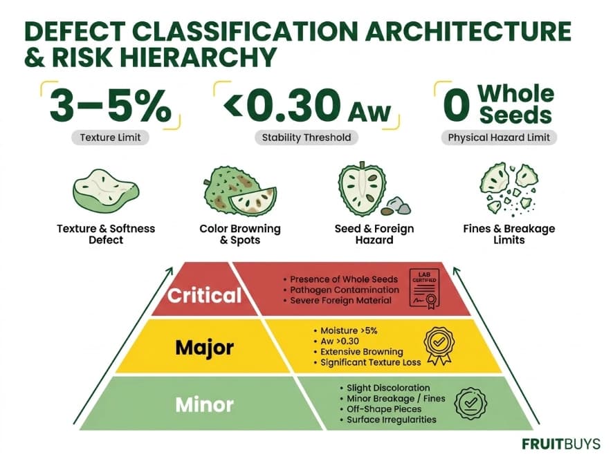 Common Freeze-Dried Soursop Defects and Release Controls defect classification infographic pyramid categorizing critical, major, and minor freeze dried soursop defects