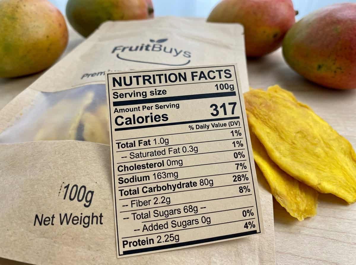 Detailed Nutrition Facts Label On FruitBuys Dried Mango Packaging 100g Serving 1