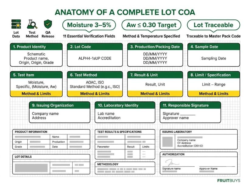 eleven essential verification fields for a freeze dried jackfruit certificate of analysis.