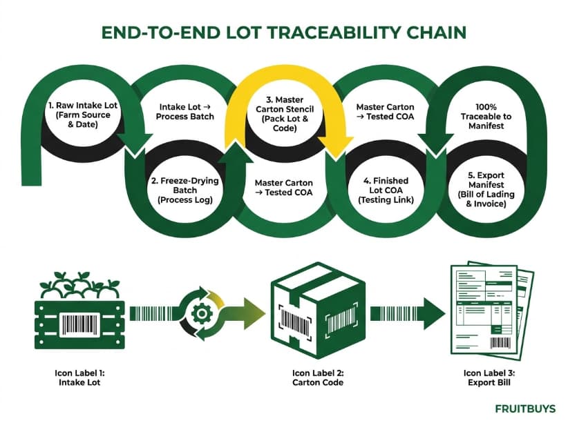 end to end lot traceability flowchart for freeze dried jackfruit export shipments.