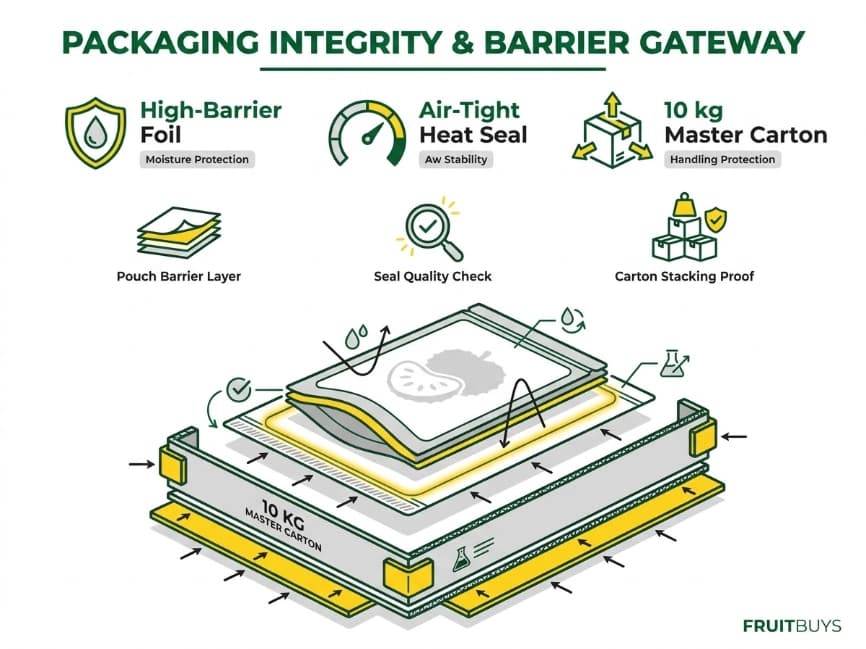 exploded layered diagram infographic showing packaging moisture barrier layers and carton integrity