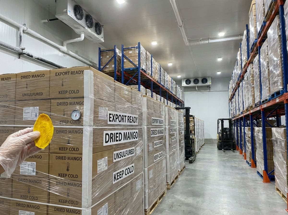 Export Ready Pallets Of Unsulfured Dried Mango Stored In A Temperature Controlled Cold Warehouse