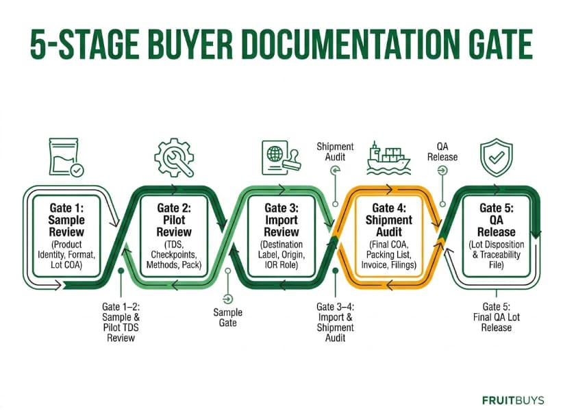 five stage buyer documentation gate from sample review to commercial export release.