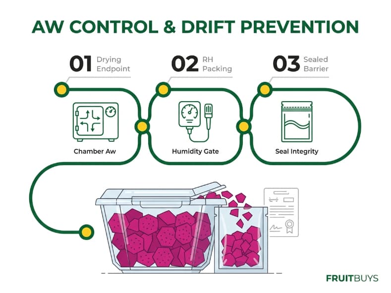 flow ribbon infographic detailing steps to prevent water activity drift during dried fruit storage