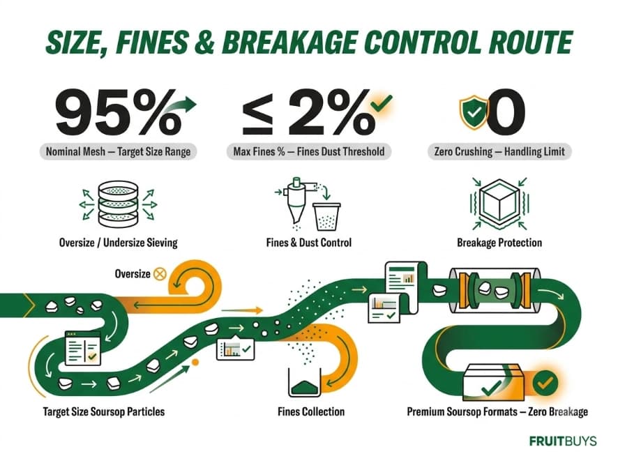 Common Freeze-Dried Soursop Defects and Release Controls flowchart infographic defining particle size, oversize, undersize, fines, and breakage limits across soursop formats
