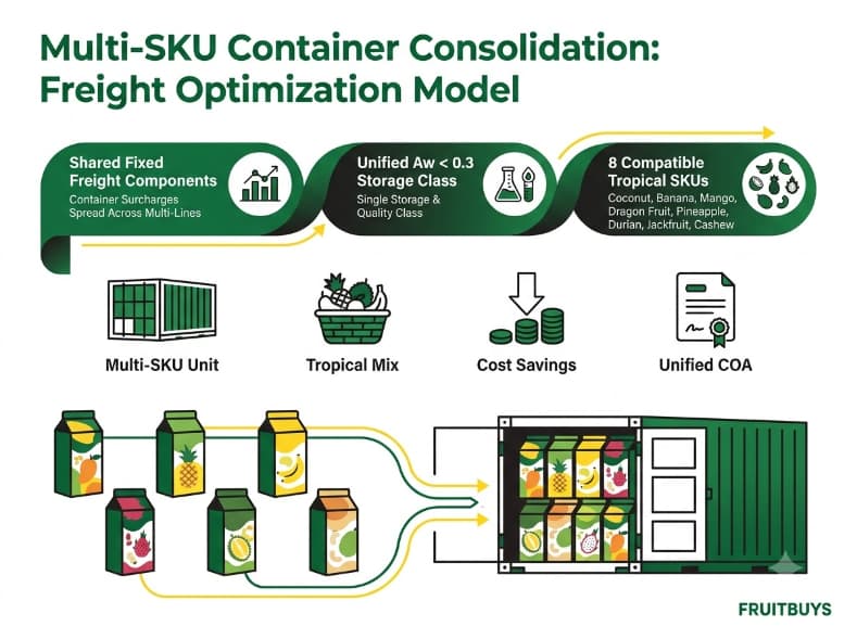 flowchart infographic illustrating multi sku freeze dried fruit container consolidation and freight cost optimization