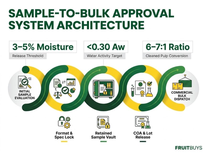 flowchart infographic illustrating the sample to bulk technical approval system for freeze dried soursop