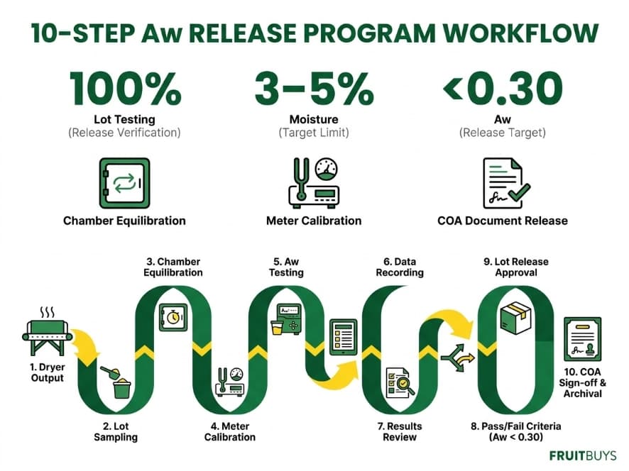 Freeze-Dried Soursop Moisture vs Water Activity flowchart infographic tracing the 10 step water activity aw release program from sampling to coa sign off