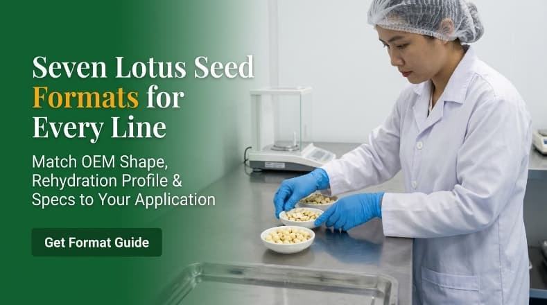 food application specialist evaluating freeze dried lotus seed ingredient formats in b2b laboratory