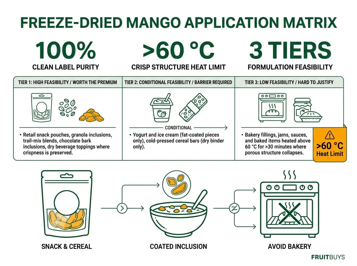 food industry application suitability matrix for freeze dried mango across snacks, cereals, and bakery