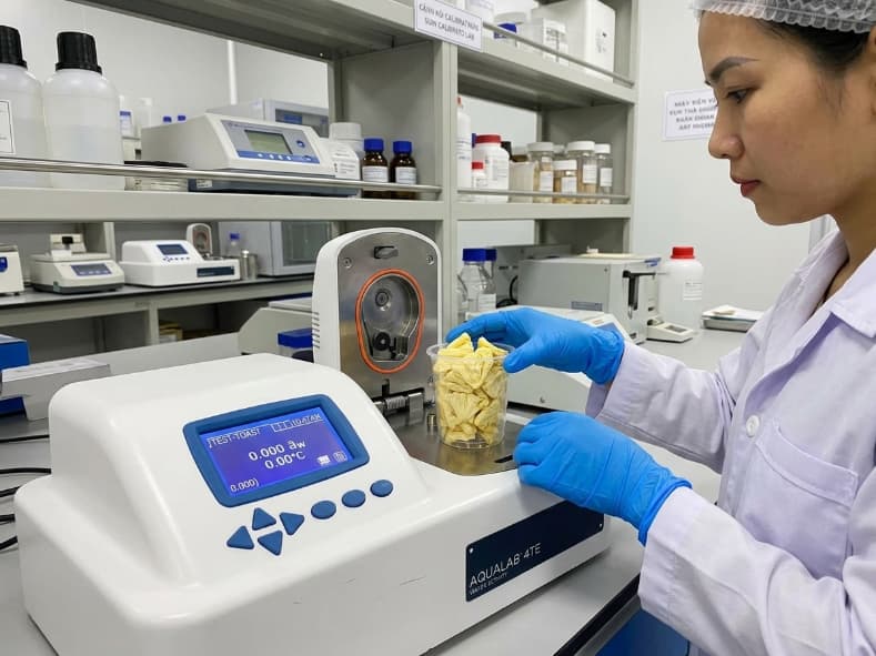 food lab technician measuring water activity of freeze dried pineapple wedges using benchtop meter