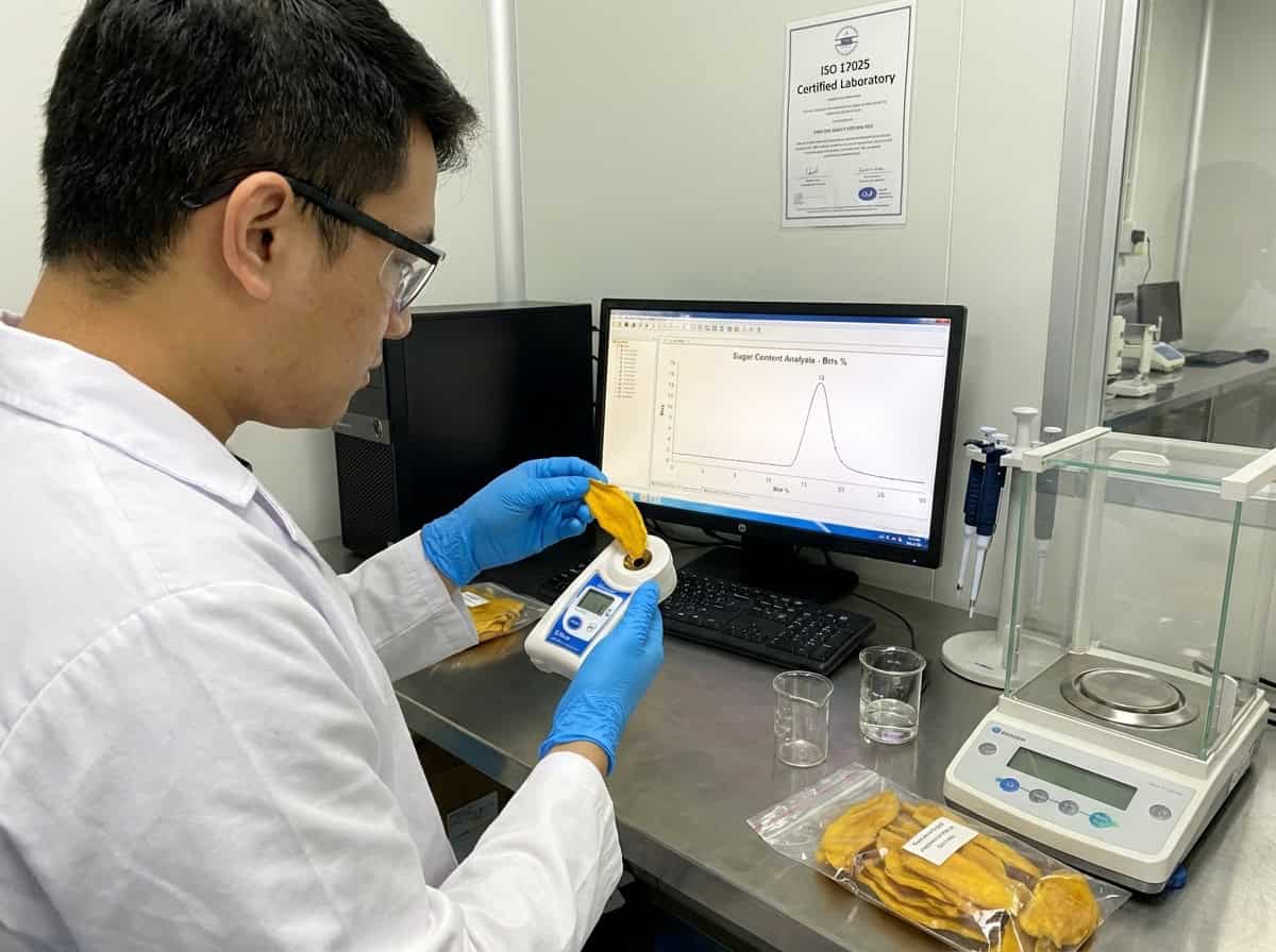 Food Quality Control Laboratory Testing Dried Mango Samples For Sugar Content And Purity