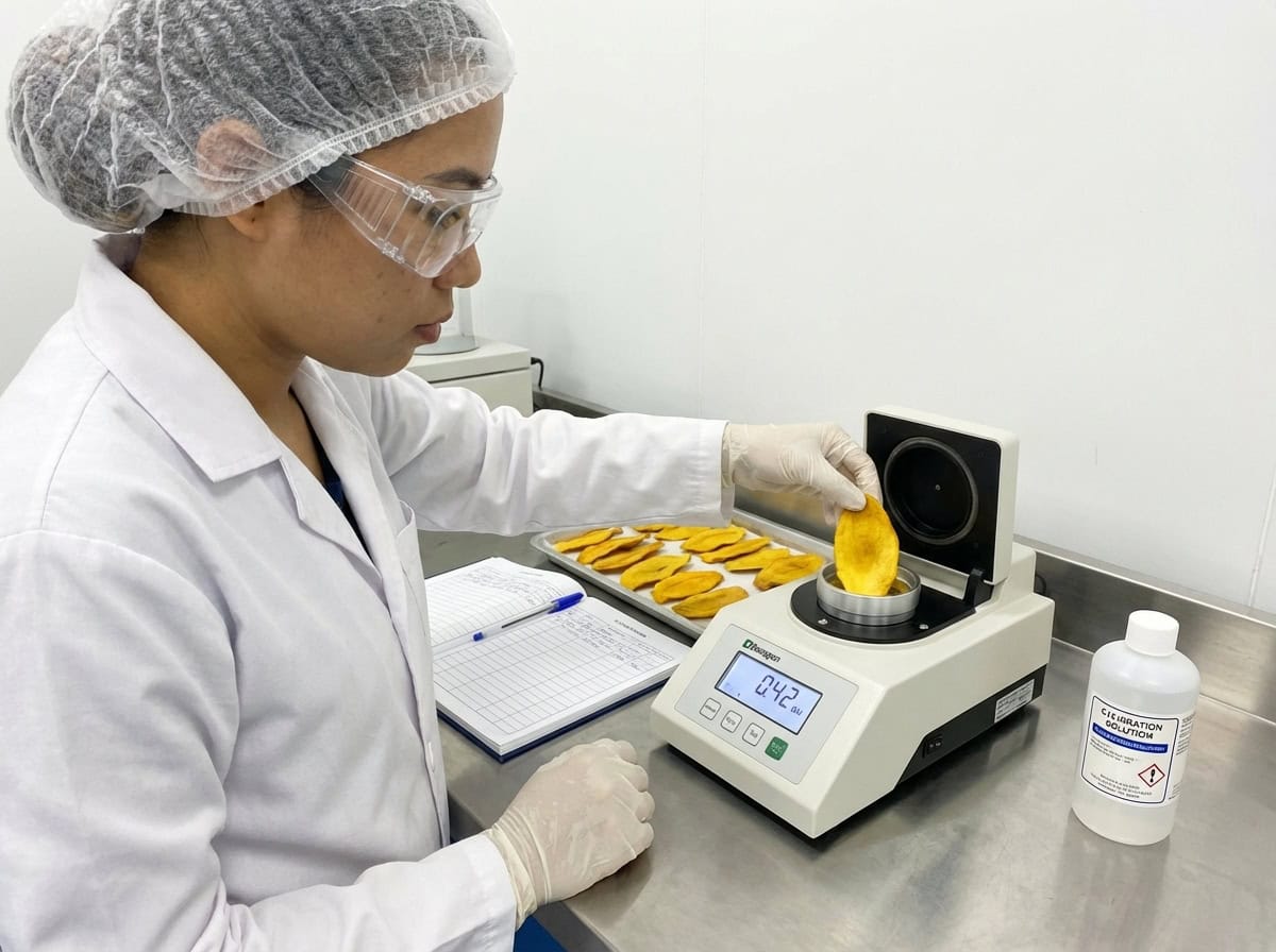 food safety technician measuring water activity and moisture content in a certified laboratory.