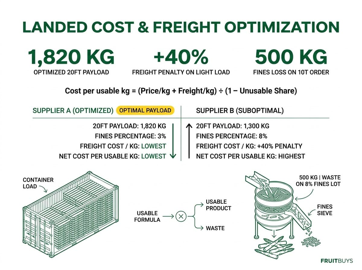 formula and comparison diagram of landed freight cost and sorting fines impact on usable mango price
