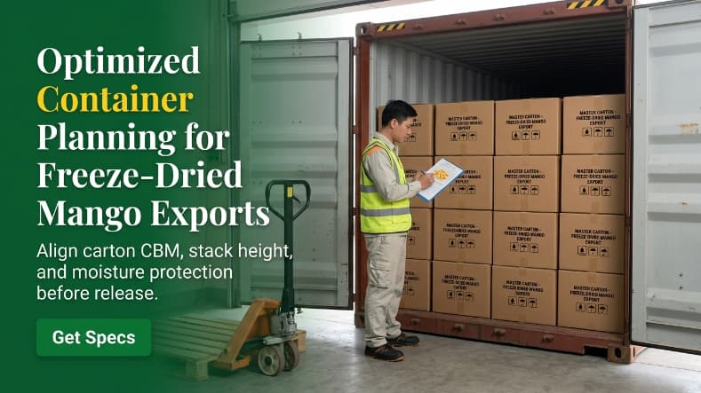 freeze dried mango container loading planning banner showing master cartons and logistics inspection layout