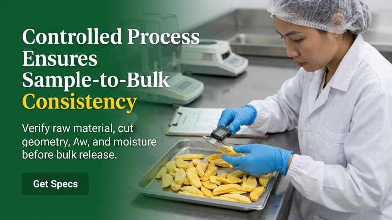 freeze dried mango process control inspection with qa measuring mango cubes on stainless tray