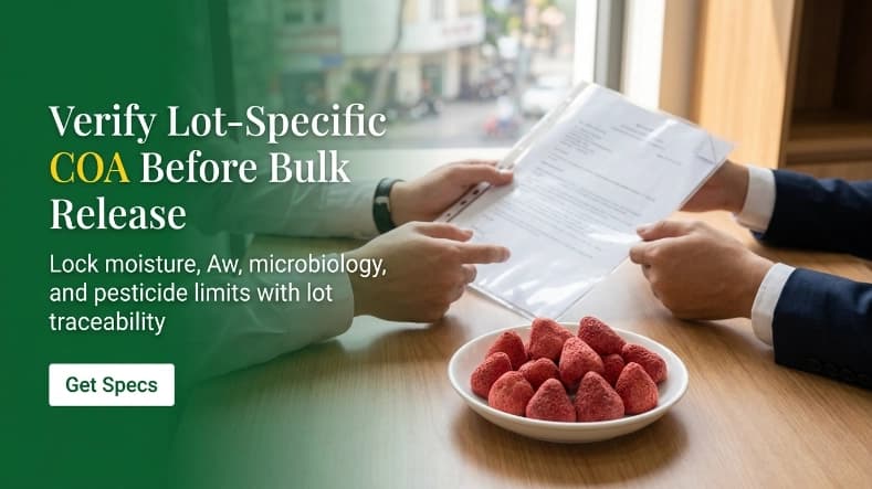 freeze dried strawberry coa review with sample berries and qa documentation file in b2b office