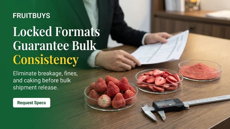 freeze dried strawberry format evaluation showing whole berries, slices, and powder in a b2b office
