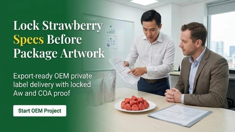 freeze dried strawberry private label oem consultation with sample pouch and technical spec sheet