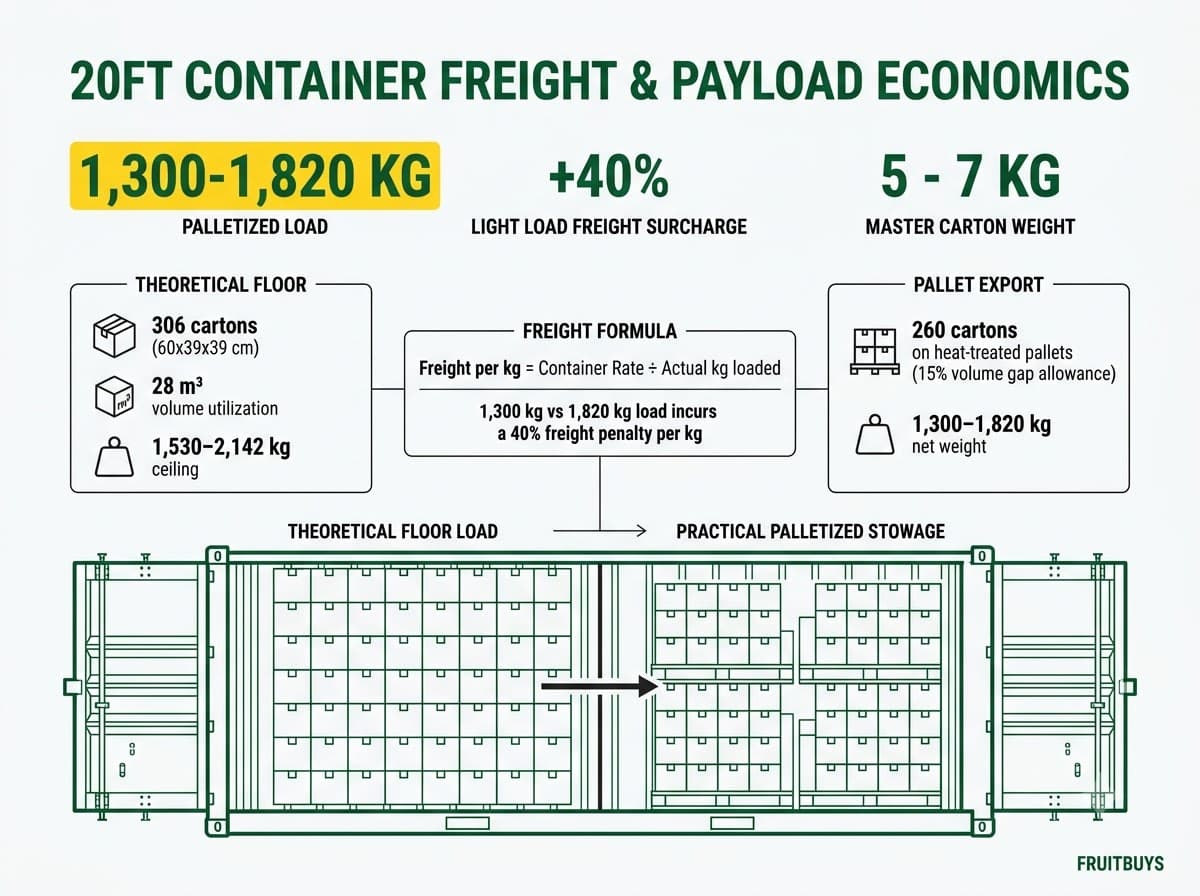 freight economics diagram illustrating 20ft container volumetric payload and landed freight cost per kilogram